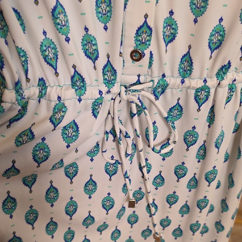Cabana Life White Coverup Or Dress with Teal Print and Blue Border - Picture 4 of 7